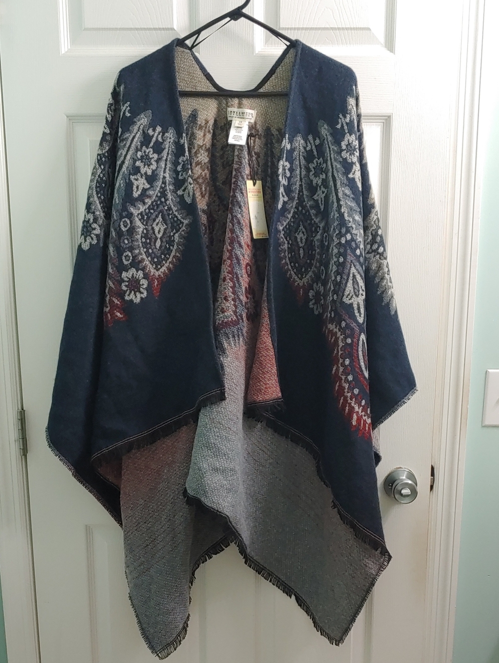 Idyllwind Western Shawl NWT Blue Paisley Floral Fringe Knit Boho Kimono OS